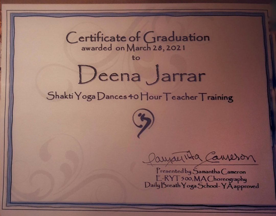 Certificate: Shakti Yoga Dances 40 Hour Teacher Training, Daily Breath Yoga School.
